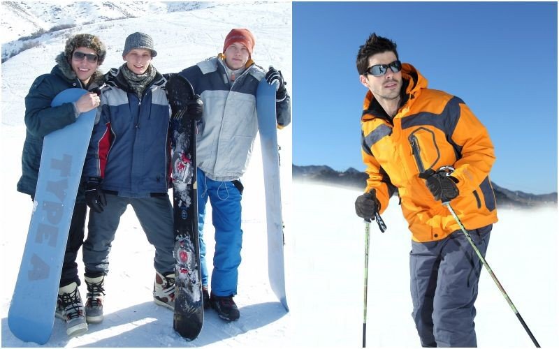 Слева направо: Сноубордисты в специальной одежде и со сноубордами; лыжник в жёлтой куртке и серых брюках на лыжах 